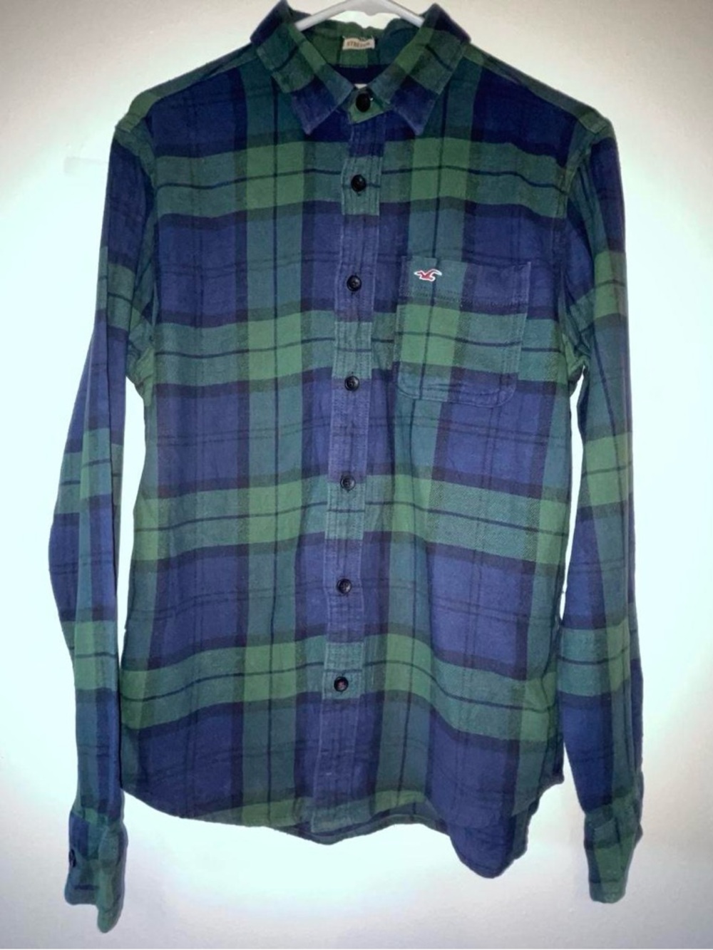 Hollister Navy and Green Plaid Long-Sleeve Button-Down Shirt